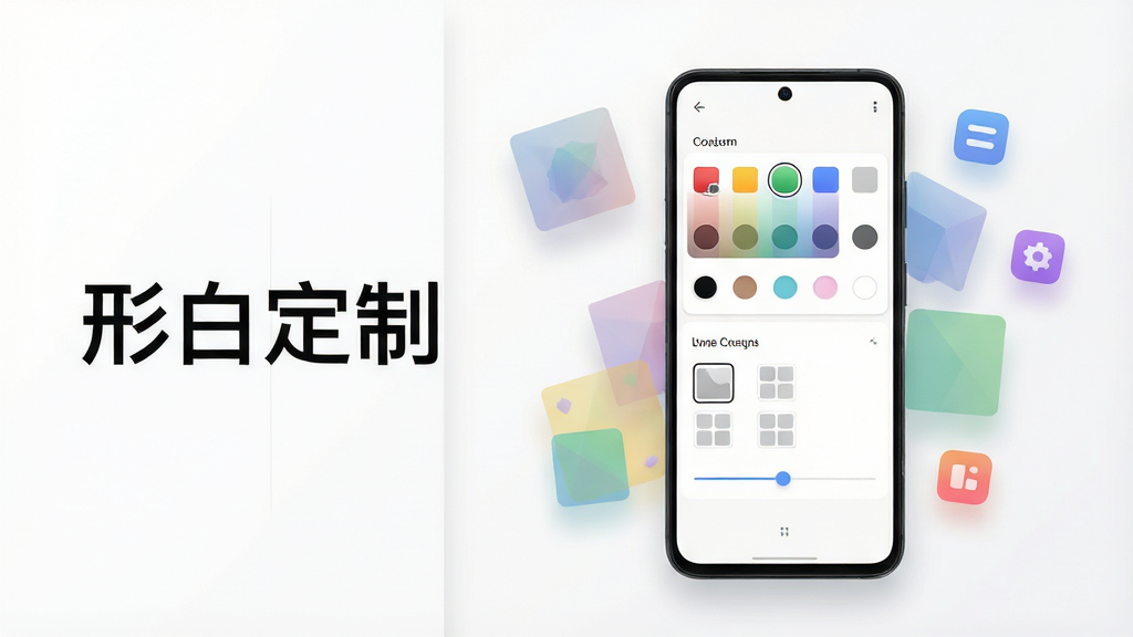 一张展示安卓手机个性化定制界面的场景图,主体是一部居中摆放的智能手机,屏幕显示简洁的定制配置面板,包含颜色选择模块与布局调整滑块,周围漂浮着若干半透明的几何色块和图标元素,布局上手机位于画面中央偏右,左侧留白放置软件名称文字“形白定制”,排版采用上下分层结构,风格为现代扁平化科技感,细节上屏幕内容清晰锐利、色块边缘柔和、光影自然,画质为高清2K级别,画面干净整洁,无多余装饰元素
