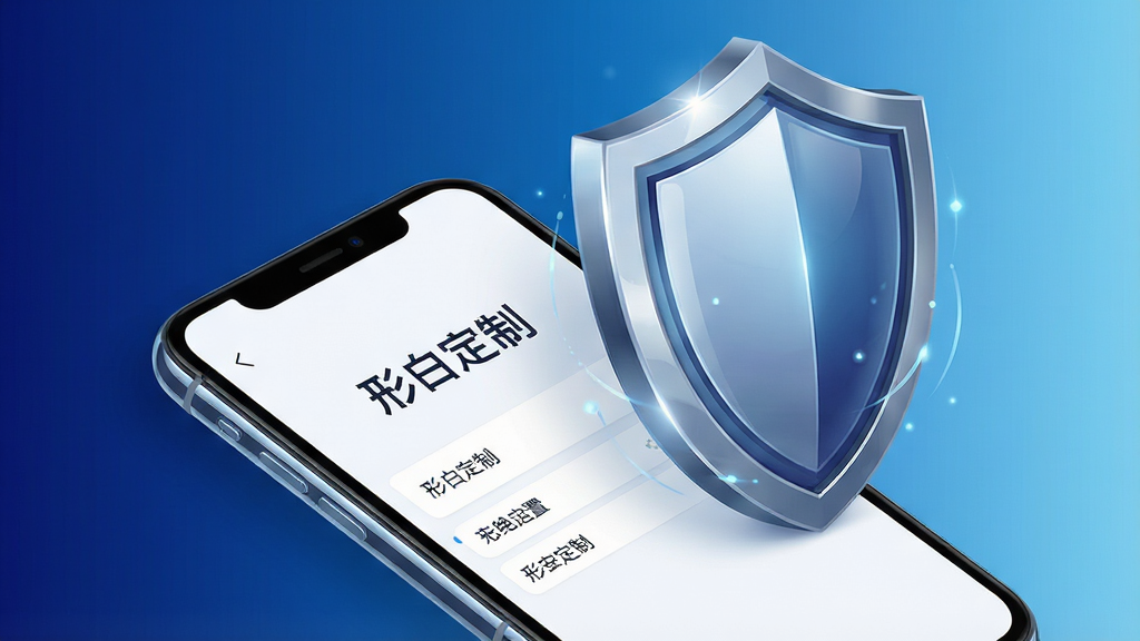一张体现本地数据存储与安全感的示意图,主体为一部手机与一个盾牌图标组合,手机屏幕显示“形白定制”配置界面,盾牌位于手机右上方,布局采用对角线构图,背景为深蓝到浅蓝的渐变,风格为科技安全风,细节上盾牌带有细腻高光、手机边缘有轻微反光、图标线条清晰,画质高清,画面干净,无多余元素