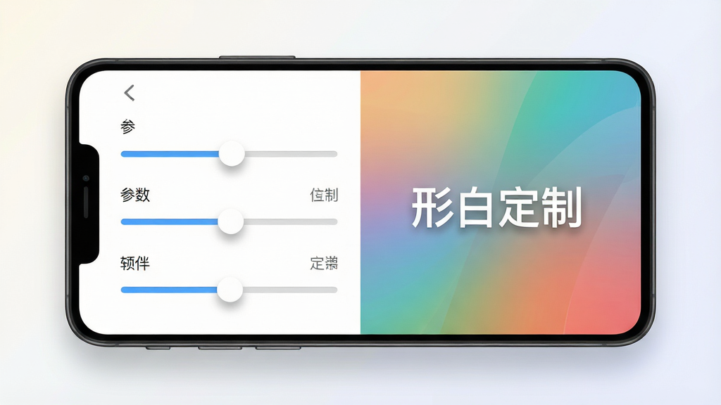 一张表现实时预览功能的示意图,主体为一部横向放置的安卓手机,屏幕左侧显示参数调节滑块,右侧同步呈现预览画面,画面中包含“形白定制”软件名称字样,布局采用左右分栏构图,手机居中,背景为浅色渐变,风格为清爽简约的UI展示风,细节上滑块带有柔和阴影、预览区域色彩过渡自然、界面元素排列整齐,画质高清,画面干净,无杂乱元素