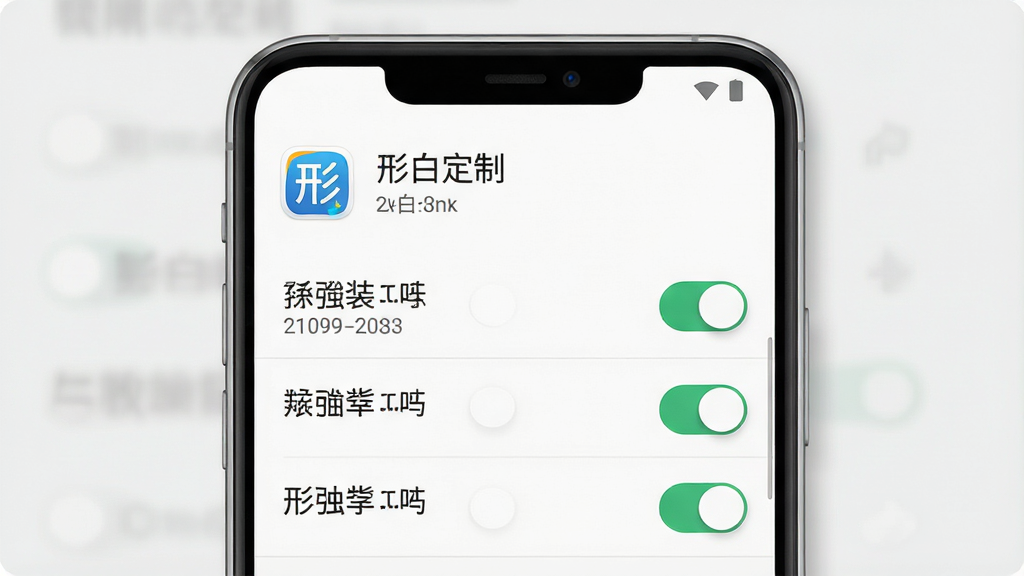 一张展示安卓手机安装第三方应用权限设置界面的示意图,主体为手机屏幕特写,屏幕上显示权限开关列表与“形白定制”应用名称,布局为竖向构图,手机占据画面主要位置,背景为浅灰色,风格为实用教程风,细节上开关按钮带有状态高亮、界面文字清晰可读、手机边框圆润,画质高清,画面干净,无多余元素