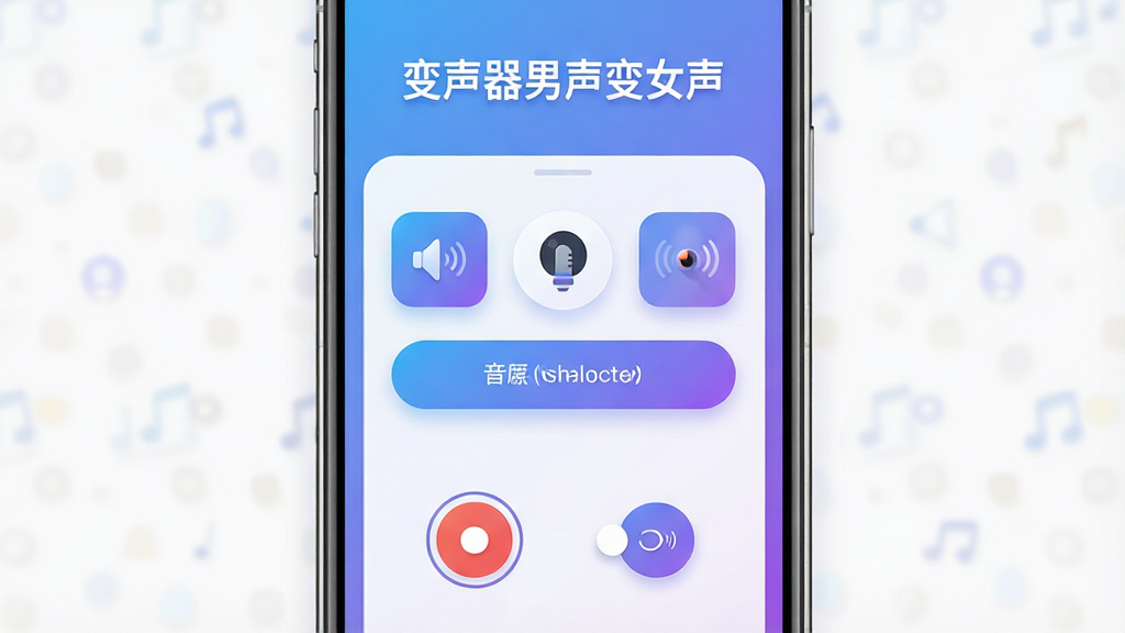变声器男声变女声软件主界面展示,主体为居中排列的手机屏幕,屏幕内呈现简洁的变声功能面板与音色选择按钮,布局上方为软件名称文字“变声器男声变女声”,下方为圆形录音与实时变声开关,排版采用左右对称结构,风格为现代扁平化科技感,细节包含渐变蓝紫配色、柔和阴影与清晰图标,画质高清干净无多余元素