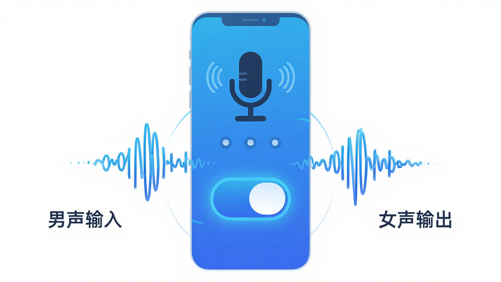 变声器男声变女声实时变声功能展示图,主体为手机麦克风图标与声波图形,布局中央为变声开关按钮,左右两侧分别标注“男声输入”与“女声输出”文字,排版简洁直观,风格为科技蓝渐变扁平设计,细节包含动态声波线条与发光按钮效果,画质清晰干净无多余元素