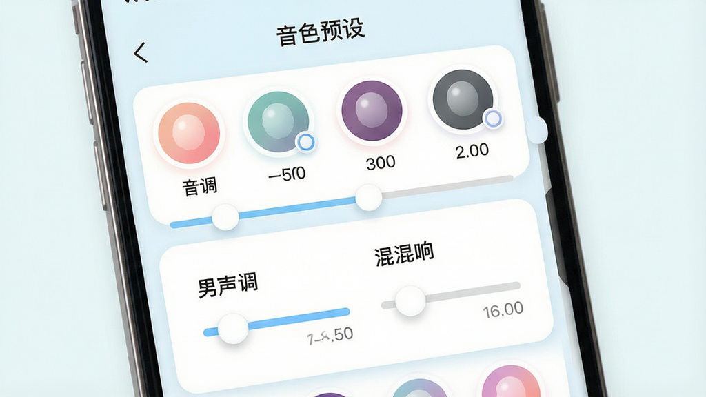 变声器男声变女声音色调节面板展示图,主体为手机界面中的参数滑块与音色列表,布局上方为“音色预设”标题文字,下方为多个圆形音色图标排列,中间为音调与混响调节滑块,排版整齐有序,风格为清新浅色系扁平设计,细节包含柔和圆角卡片与清晰数值标注,画质高清干净无多余元素