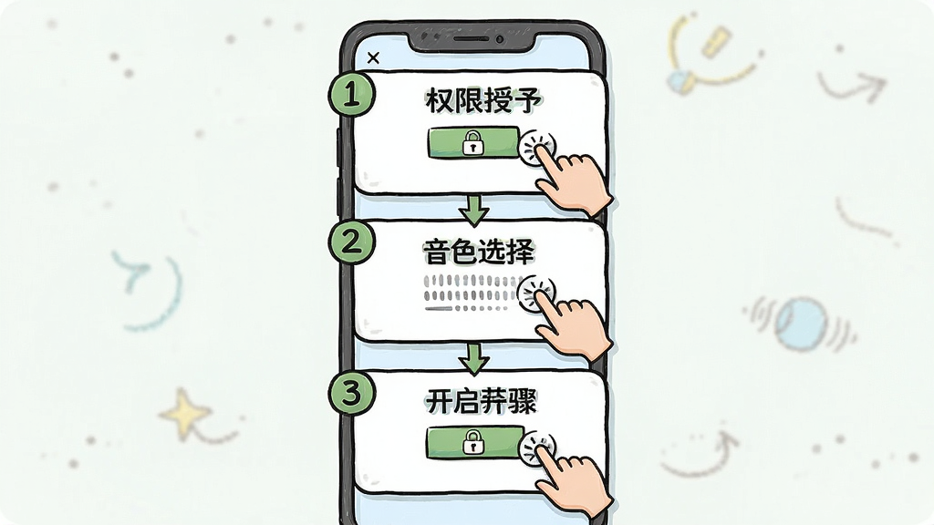 变声器男声变女声新手操作步骤示意图,主体为手机屏幕分步操作流程,布局从上到下依次为权限授予、音色选择、开关开启三个步骤卡片,排版纵向排列并带序号标识,风格为简洁明快的手绘插画风,细节包含手指点击图标与箭头引导,画质清晰干净无多余元素