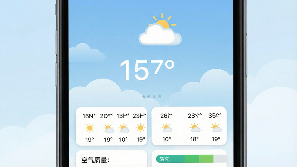 һ���ֻ���Ļչʾ����Ӧ�������棬������������Ŀ���¶��������ƶ�ͼ�꣬����Ϊ��͵�������ƽ��䣬�·�������СʱԤ����Ƭ���������ɫ����������ɾ���ˬ�����ñ�ƽ����ƣ������������޶���װ��Ԫ��