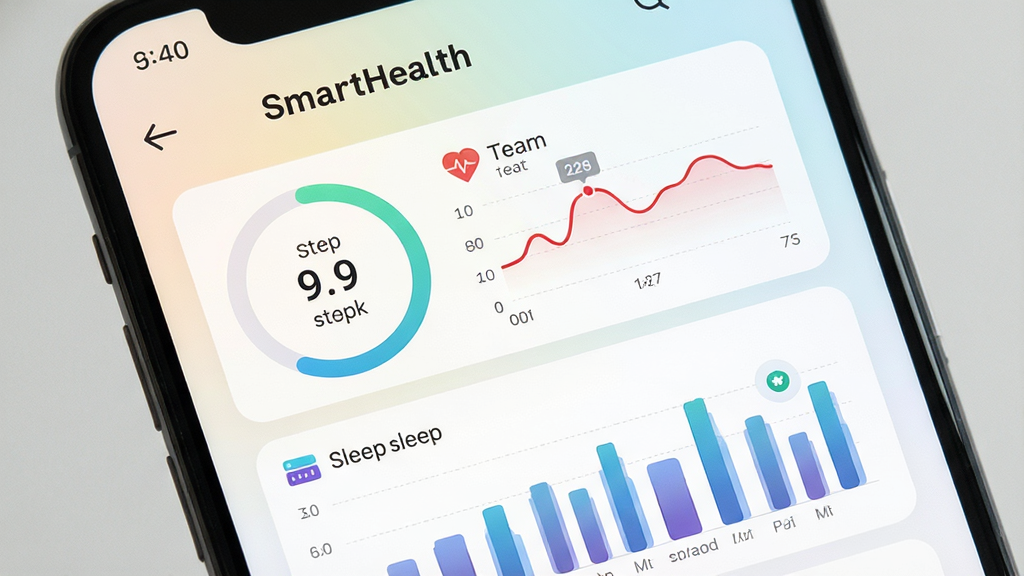 һ��չʾSmartHealthӦ����������ֻ���Ļ��ͼ�����������ǽ��������Ǳ��̣���������Բ�����������ߺ�˯����״ͼ������Ϊǳɫ���䣬���������ִ���ͼ�������������Ű�ɾ����򣬻���ϸ�壬�޶���Ԫ��
