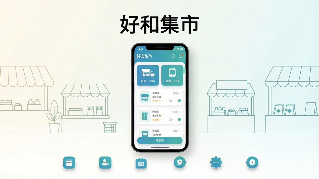 主体为一部智能手机居中放置,屏幕内展示蓝绿色调的集市商户管理界面,包含店铺卡片与商品列表布局;背景为浅色渐变与简约集市摊位线条插画;排版上方留白放置