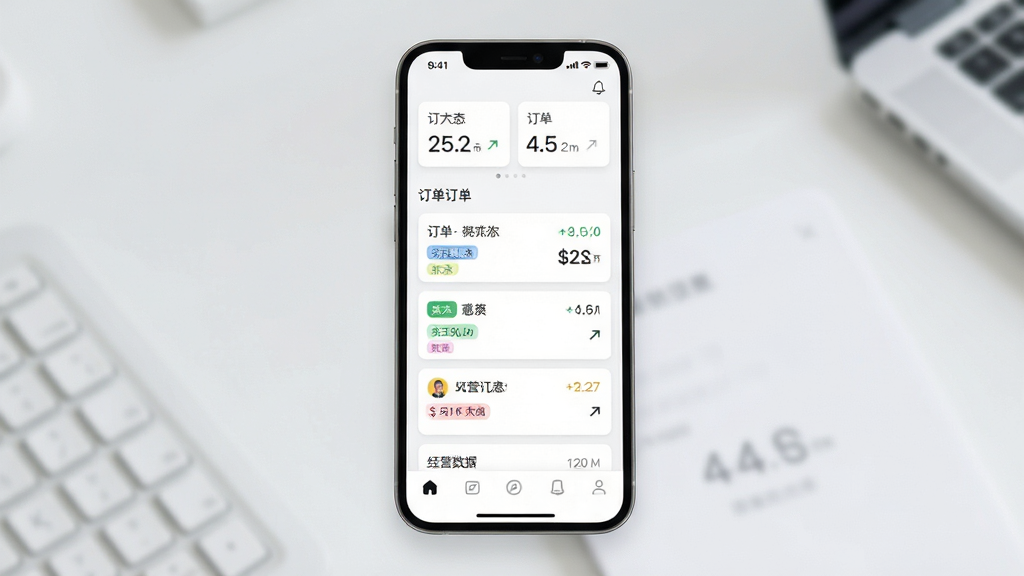 主体为手机屏幕展示订单列表与经营数据卡片,布局为顶部统计数字、中部订单条目、底部导航栏;风格为现代简约数据风;细节包含状态标签、金额数字、趋势箭头图标;画质高清,画面干净,无多余元素