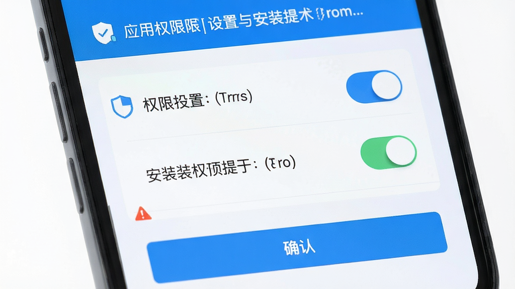 主体为手机屏幕展示应用权限设置与安装提示界面,布局为顶部提示条、中部权限开关列表、底部确认按钮;风格为清爽浅色界面风;细节包含盾牌安全图标、开关按钮、警示标识;画质清晰,画面干净,无多余元素