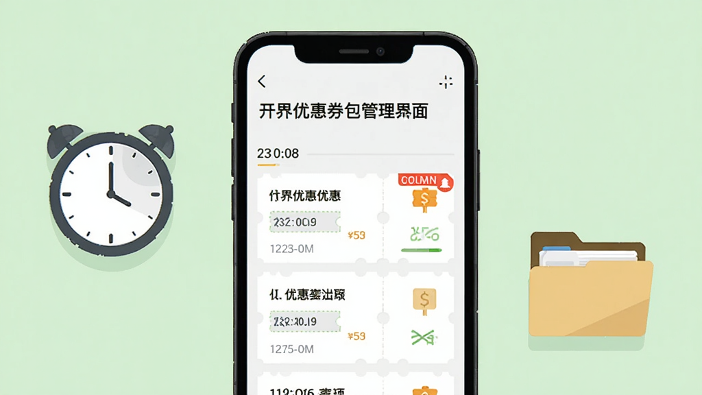 �����Ż�ȯ���������棬��������Ϊ�ֻ���Ļ����Ļ����ʾȯ�������밴ʱ�����е��Ż�ȯ�б�������һ��ȯ���к�ɫ�������ѱ�ǣ��ֻ��Ա߷���һ��ʱ��ͼ����һ���ļ���ͼ�꣬����Ϊǳ��ɫ�����Ϊ����ƽ�廭�������ֻ����У�ϸ�����������ʸ��壬����ɾ����޶���Ԫ��