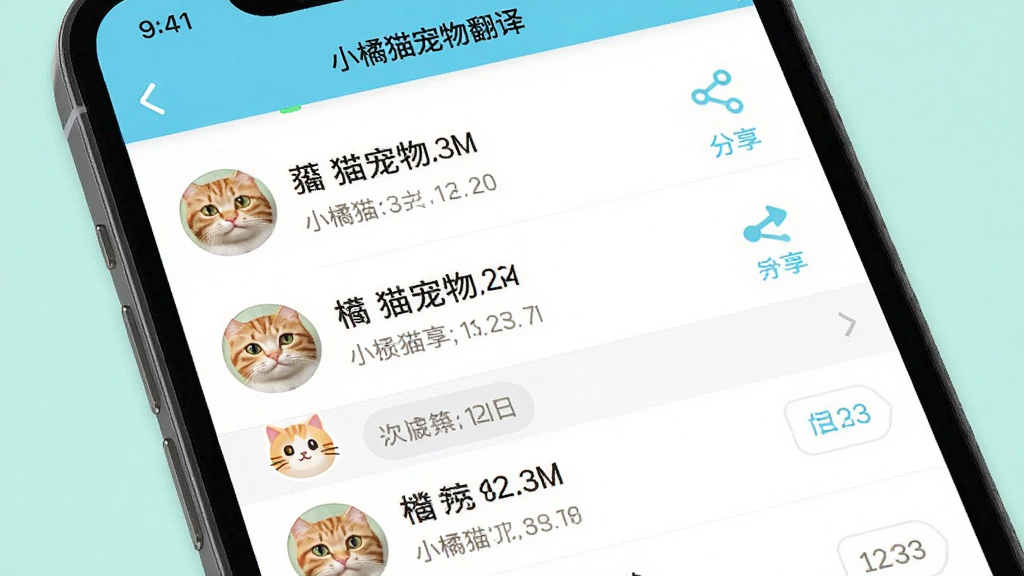 �����������ֻ���Ļ��д����ʾ��С��è���﷭�롱����ʷ��¼ҳ�棬�б����ж�������è��ͷ��ķ�����Ŀ������Ϊ�����б��Ű棬���Ϊ���������APP����չʾͼ��ϸ���ϼ�¼��Ŀ�Դ��з���ͼ������ڱ�ǩ��������������������Ϊ��͵Ĵ�ɫ���޸���Ԫ�ء�