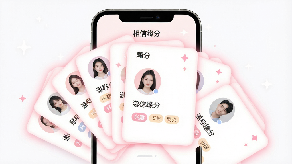������Ե�֡�Ӧ���е�Ե��ƥ���Ƽ����棬����Ϊ�ֻ���Ļ�ڶ������￨Ƭ������У�����Ϊ��Ƭ������չ������չʾ��ÿ�ſ�Ƭ����ͷ���ǳ�����Ȥ��ǩ���Ű�ͻ����Ƭ��θ������ף����Ϊ���Բ�ǿ�ͨ�磬ϸ�ڰ��������ķ�ɫ���������ǵ�׺�����������ɾ�������Ԫ��