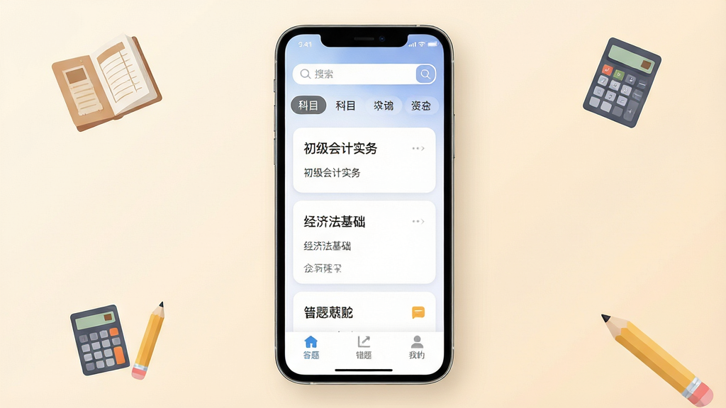 一款名为“初级会计财会练习题库”的手机应用界面展示图,画面主体是一部竖屏智能手机,屏幕中显示会计题库首页,顶部为搜索框与科目切换标签,中部为章节练习卡片列表,包含“初级会计实务”“经济法基础”等条目,底部为答题、错题、我的三个导航按钮。布局采用居中对称构图,手机略微倾斜呈现立体感,背景为浅米色渐变,点缀少量账本、计算器、铅笔等扁平化小图标。风格为清爽现代的UI展示风,细节上强调卡片圆角、柔和阴影与清晰文字层级,画质高清,画面干净,无多余元素。
