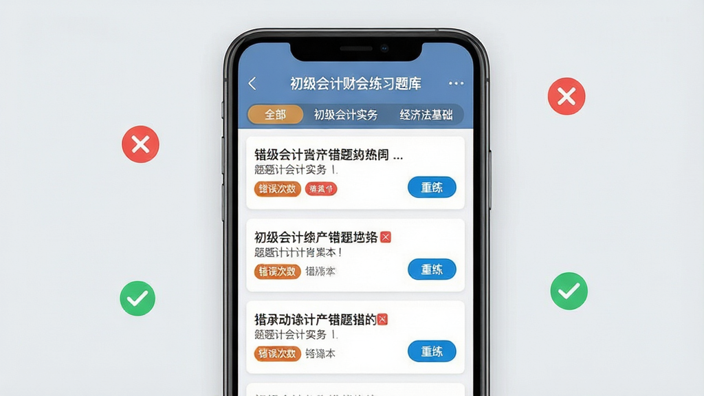一张“初级会计财会练习题库”错题本功能界面图,画面主体为手机屏幕显示错题列表,每条错题卡片包含题干摘要、错误次数标签与“重练”按钮,顶部有“全部”“初级会计实务”“经济法基础”筛选标签。布局为垂直列表式手机特写,背景为浅灰色,点缀红色叉号与绿色对勾的小图标。风格为简洁工具类应用界面,细节强调卡片间距与标签配色,画质高清,画面干净利落。