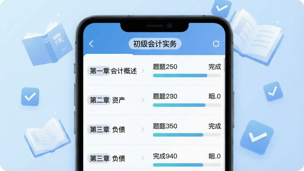 一张“初级会计财会练习题库”功能展示图,画面主体为手机屏幕中的章节练习列表页,左侧竖排显示“第一章 会计概述”“第二章 资产”“第三章 负债”等章节名称,右侧显示每章题目数量与完成进度条,屏幕上方有“初级会计实务”科目标签。布局为左右分栏式手机界面特写,背景为淡蓝色渐变,周围漂浮半透明的书本与勾选图标。风格为扁平化科技感UI展示,细节突出进度条与数字标识,画质清晰,画面整洁,无杂乱元素。