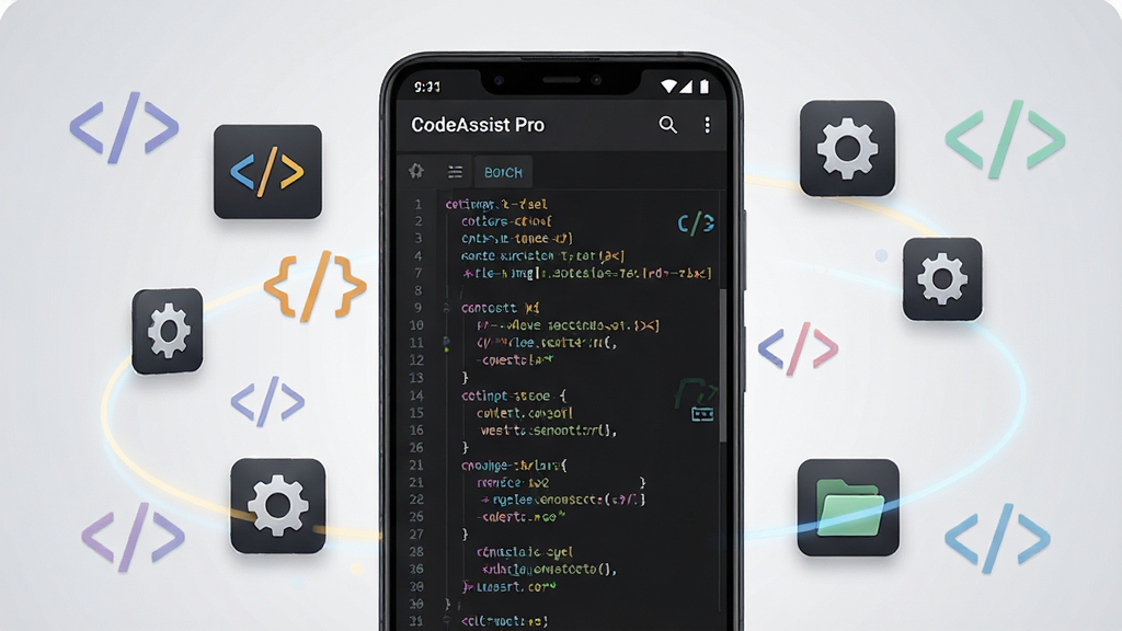 画面中央放置一部竖屏安卓手机,手机屏幕上显示深色主题的代码编辑器界面,代码行带有彩色语法高亮,顶部标题栏写有“CodeAssist Pro”字样,手机周围环绕悬浮的代码符号、齿轮图标与文件目录图标,背景为浅灰渐变,整体风格简洁科技感,细节清晰,画质干净,无多余元素
