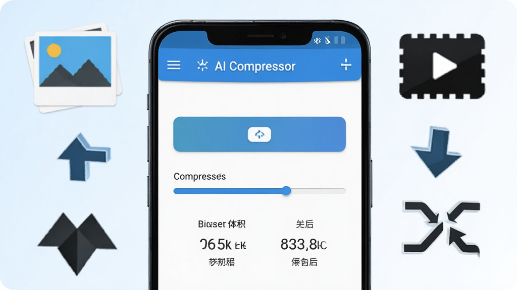 һ��չʾ��׿�ֻ�����Ĳ�Ʒ��ͼ�������������ֻ���Ļ����Ļ����ʾ AI Compressor ���������棬�����ļ�ѡ��ť��ѹ����������ѹ��ǰ������Ա����֣��ֻ���Χ����ͼƬͼ�ꡢ��Ƶͼ���ѹ����ͷ���ţ�����Ϊǳ������ɫ�Ľ��䣬������øɾ��ִ��ı�ƽ��UI���ϸ�����������ʸ��壬�޶���Ԫ��