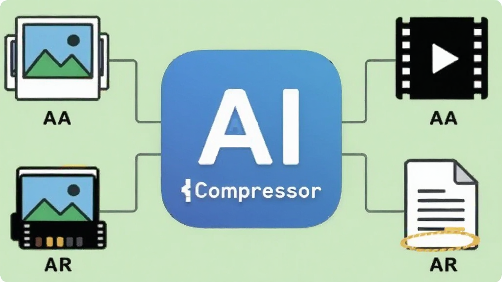 һ�ű��ֶ��ʽ�ļ�֧�ֵĲ廭������������ AI Compressor ��Ӧ��ͼ�꣬���ܻ����Ŵ���ͼƬ����Ƭͼ�ꡢ������Ƶ�Ľ�Ƭͼ�ꡢ�����ĵ���ֽ��ͼ�꣬��ͼ��֮����ϸ�����ӵ����룬ͼ���·���ע��ʽ��д��ĸ������Ϊ��͵�ǳ��ɫ������ƽ����ϸ�ڸɾ��������������޶���Ԫ��