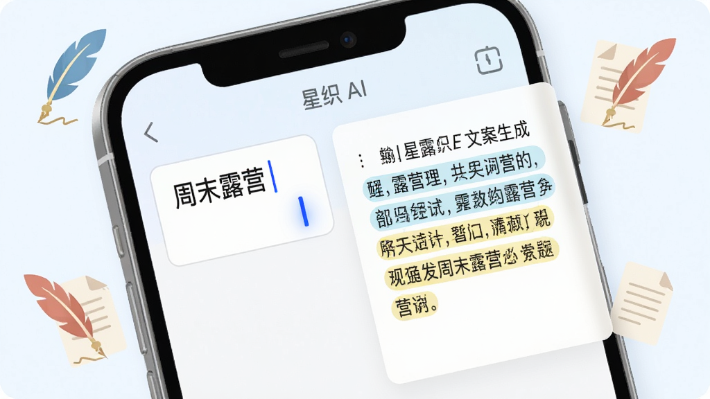 ����չʾһ���ֻ���Ļ��д����Ļ������֯AI���İ����ɽ��棬���Ϊ�����д�š���ĩ¶Ӫ���ؼ��ʣ��Ҳ����������ʾһ�ι���¶Ӫ���������ģ��������ǳɫ��Ƭʽ���֣���ΧƯ������ë����ֽ�ŵı�ƽ��ͼ�꣬���Ϊ���¼�Լ�Ĳ廭�磬ϸ�������������ɫ�����˸��������������и�����ǣ�������������������ɾ�������Ԫ��