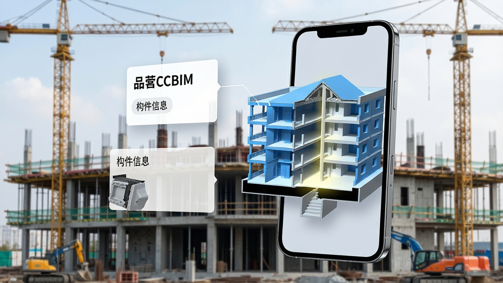 主体为一部手机悬浮在建筑工地背景前,屏幕内展示多层建筑BIM模型剖面,模型呈蓝白配色;布局为手机居中偏右,左侧漂浮构件信息卡片;排版简洁;风格为写实科技合成;细节包含屏幕内剖切面高亮、卡片上写“品茗CCBIM”与“构件信息”;画质清晰,干净,无多余元素