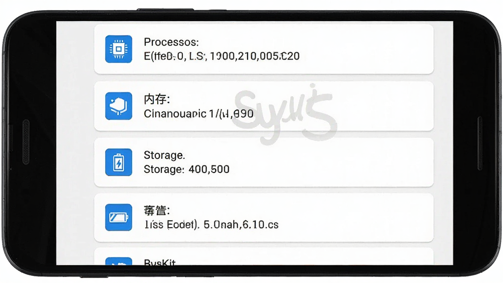 一张展示SysKit设备信息页面的手机界面图,画面主体为一部竖屏安卓手机,屏幕内为SysKit的硬件信息列表,包含处理器、内存、存储、电池等条目,布局为单列卡片式排列,风格简洁清爽,配色以白色背景搭配蓝色图标,细节上每个卡片带有小图标与数值文字,画质高清干净,无多余装饰