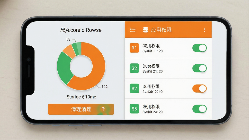 一张展示SysKit存储清理与权限管理功能的手机界面图,画面主体为手机屏幕内左右分栏布局,左侧为存储占用饼图与清理按钮,右侧为应用权限列表,风格为浅色系扁平设计,配色以浅灰背景搭配橙色与绿色强调色,细节上饼图分段清晰、列表项带开关控件,画质清晰干净,无多余元素