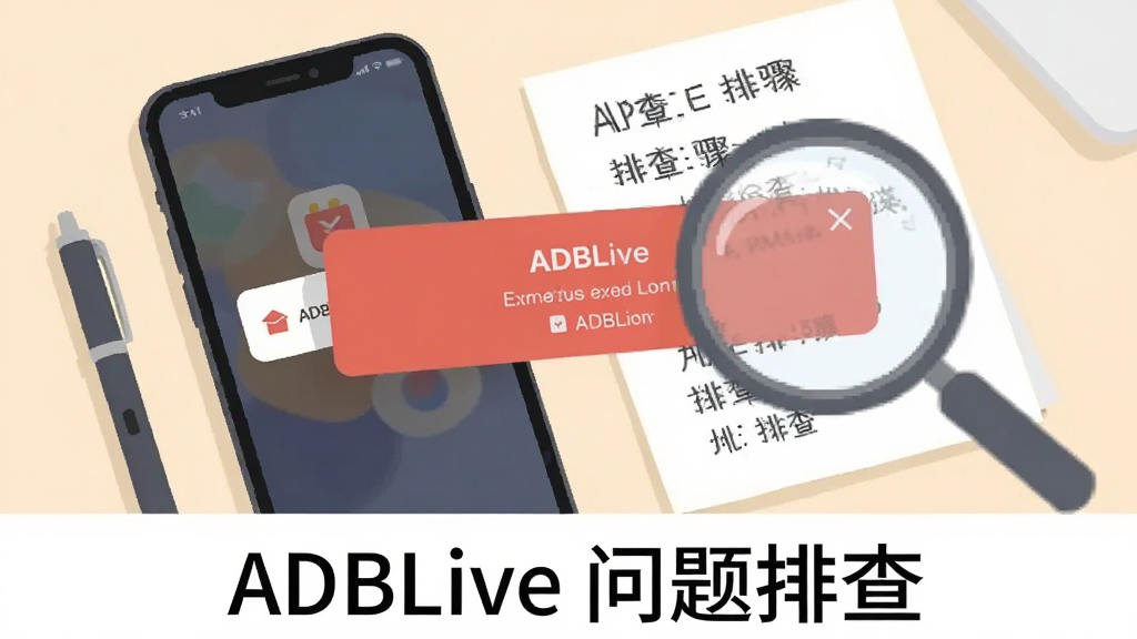 一部手机屏幕显示ADBLive应用弹出错误提示框,旁边放着一支笔和一张写有排查步骤的纸条,背景为浅色桌面,画面右侧有一个放大镜图标聚焦在提示框上,扁平化插画风格,色调柔和,排版简洁,文字“ADBLive 问题排查”位于画面下方,画质干净清晰