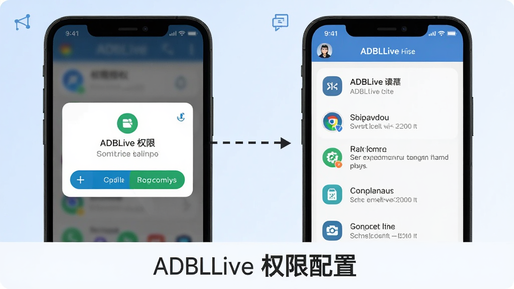 画面分为左右两部分,左侧是一部手机弹出权限授权对话框,右侧是ADBLive应用内的权限说明页面,中间用虚线箭头连接,背景为淡蓝色渐变,扁平化信息图风格,图标简洁,排版规整,文字“ADBLive 权限配置”位于画面底部,整体干净无杂乱元素,画质清晰