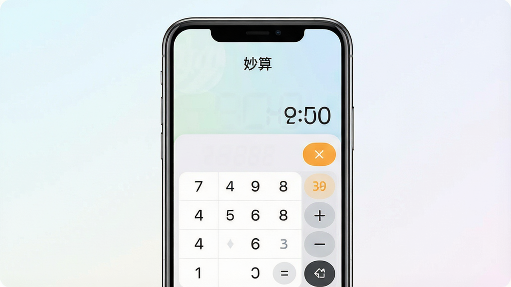 一张手机屏幕展示计算器应用界面的产品图,画面中央是简洁的数字键盘与结果展示区,顶部显示软件名“妙算”,背景为浅色渐变,整体风格清新现代,布局居中对称,细节清晰,画质干净,无多余元素
