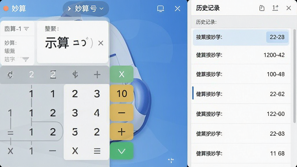 一张展示“妙算”历史记录功能界面的示意图,画面左侧为计算主界面,右侧为历史记录列表,列表中以条目形式展示过往计算内容,风格清爽简约,布局左右分栏,细节清晰,画质干净,无多余元素
