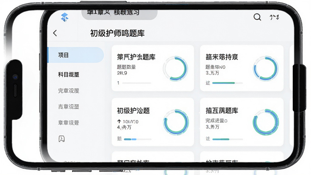 主体为手机屏幕展示“初级护师鸣题库”章节练习列表页面,布局为左侧科目导航栏与右侧章节卡片列表,排版整齐,风格为浅色系教育软件界面展示图,细节包含章节名称、题目数量与完成进度环,画质清晰,画面干净无多余装饰