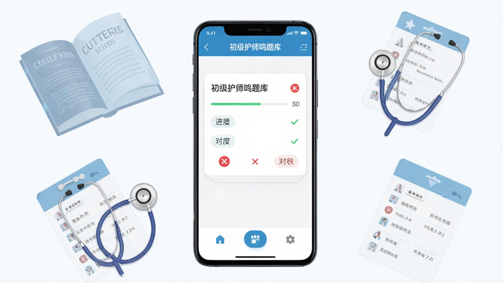 主体为一部竖屏安卓手机,屏幕中央显示“初级护师鸣题库”应用界面,界面布局为顶部标题栏加中部答题卡片加底部功能按钮,手机周围环绕半透明的医学书籍、听诊器与答题卡元素,排版居中对称,风格为清爽扁平化教育类App宣传图,细节包含进度条、对错标记与科目标签,画质清晰锐利,背景干净无杂乱元素