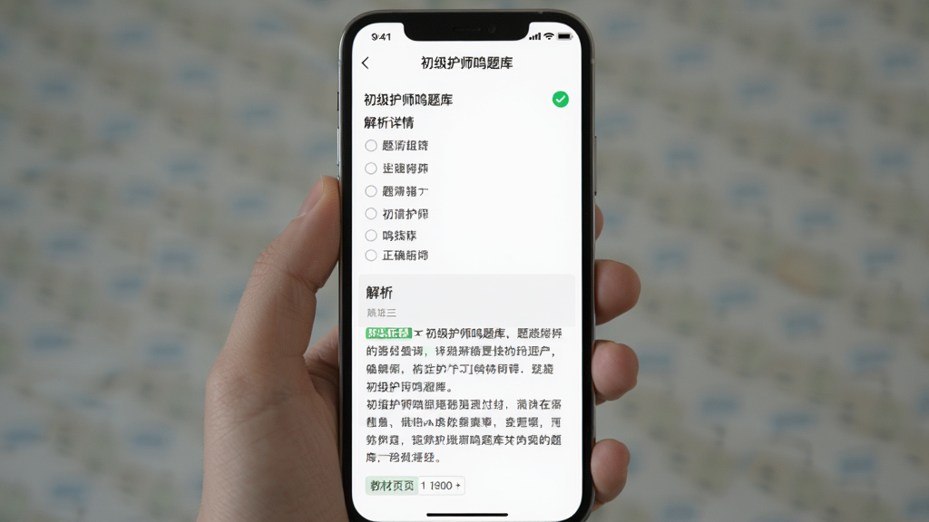 主体为手机屏幕展示“初级护师鸣题库”题目解析详情页,布局为上部题干与选项、下部解析文字区块,排版清晰分层,风格为简洁阅读型界面,细节包含绿色正确标记、解析段落与教材页码标签,画质清晰,画面干净无干扰元素