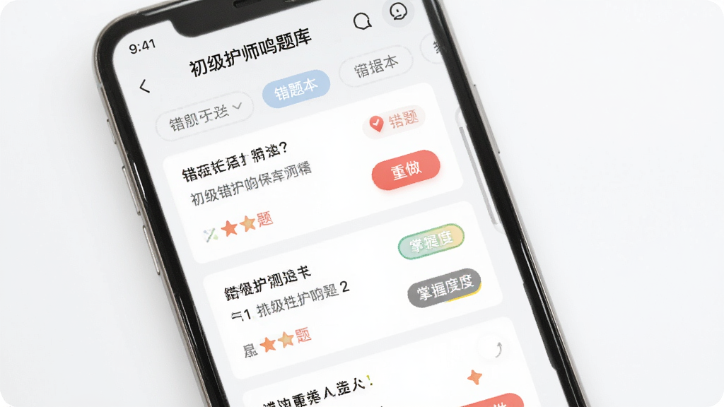 主体为手机屏幕展示“初级护师鸣题库”错题本页面,布局为顶部筛选标签与下方错题卡片列表,排版清爽,风格为柔和浅色学习类应用界面,细节包含红色错题标记、重做按钮与掌握度标签,画质清晰,背景干净