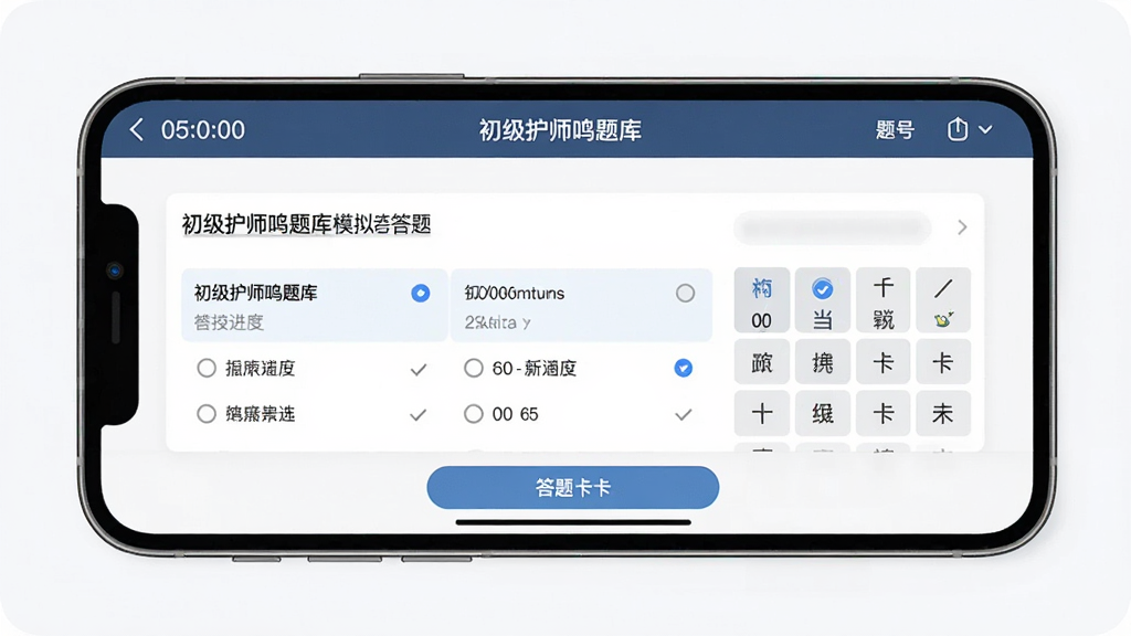 主体为手机横屏展示“初级护师鸣题库”模拟考试答题界面,布局为顶部倒计时与题号进度、中部题干与选项、底部答题卡按钮,排版规整,风格为严肃专业的考试系统界面风格,细节包含计时器数字、选项选中状态与答题卡网格,画质高清,画面干净