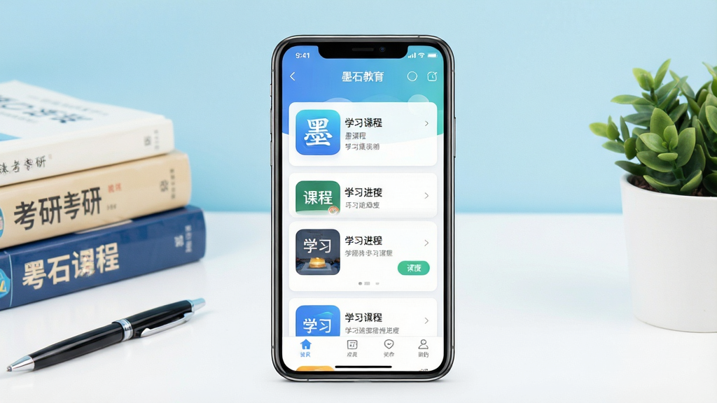 一张展示墨石教育手机应用界面的产品图,画面中央是一部竖屏智能手机,屏幕显示课程列表与学习进度卡片,背景为浅蓝与白色渐变的简洁桌面环境,左侧放置几本叠放的考研书籍和一支笔,右侧点缀一盆小绿植,整体风格清新明亮,排版居中对称,细节上突出应用图标与课程卡片,画质清晰干净,无多余装饰元素