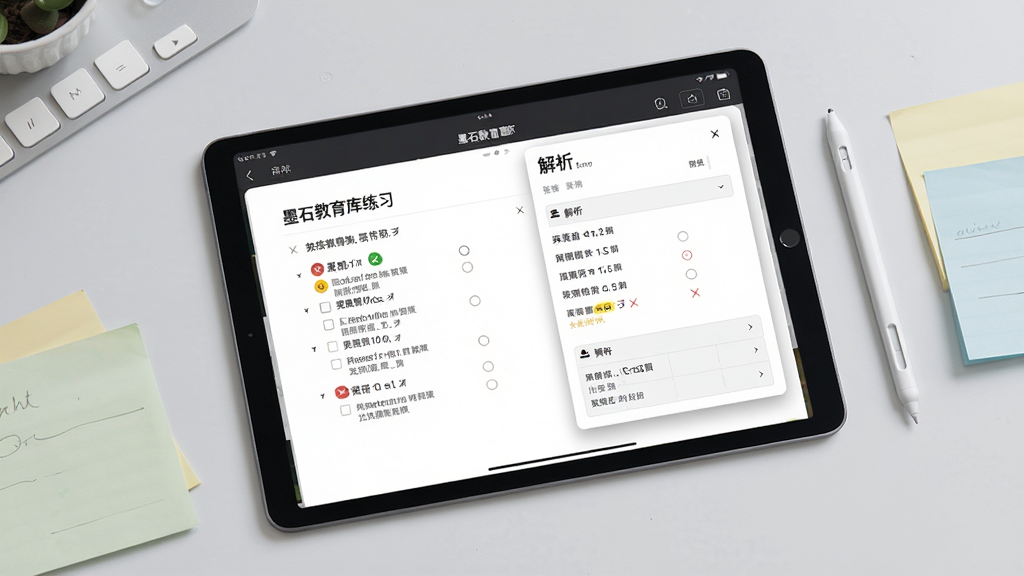 一张展示墨石教育题库练习界面的产品示意图,画面中央为一部横放的平板设备,屏幕显示选择题作答界面与解析弹窗,旁边放置一支触控笔和几张便签纸,背景为浅灰色桌面,风格简约现代,排版突出屏幕内容,细节上体现题目选项与对错标识,画质清晰干净,无多余元素
