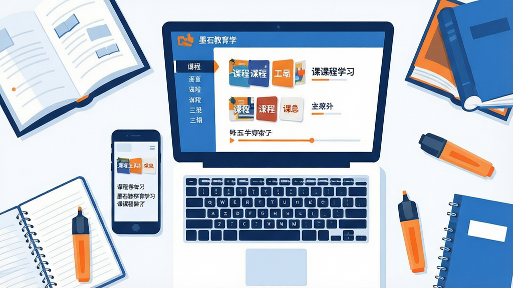 一张表现墨石教育课程学习场景的插画,画面主体为打开的笔记本电脑与手机并排摆放,屏幕上显示分章节的课程目录和播放进度条,周围环绕书本、笔记本和荧光笔,布局采用俯视桌面视角,风格为扁平化插画,色调以蓝白为主搭配少量橙色点缀,细节上突出课程章节卡片与进度标识,画质干净清晰,无杂乱元素