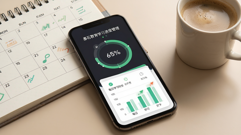 一张表现墨石教育学习进度管理功能的画面,主体为手机屏幕显示环形进度图与每日学习时长柱状图,手机旁放置日历本和一杯咖啡,布局为桌面一角特写,风格为写实产品摄影感,色调温暖柔和,细节上突出进度百分比与打卡标记,画质清晰干净,无多余装饰