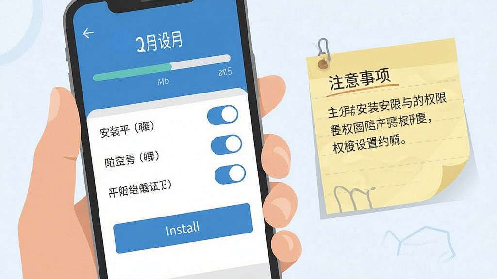 一张展示手机应用安装与权限设置界面的示意图,画面为手机屏幕特写,显示安装进度条与权限开关列表,旁边放置一张写有注意事项的便签,布局为手持手机视角,风格为简洁UI示意图,色调以蓝白灰为主,细节上突出权限开关与安装按钮,画质清晰干净,无多余元素