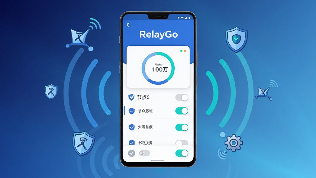 画面主体为一部竖屏安卓手机,手机屏幕中央显示 RelayGo 应用主界面,界面包含连接状态圆环、节点列表与开关按钮,手机周围环绕抽象的信号波纹与中继节点图标;布局采用居中构图,手机位于画面正中,背景为深蓝到浅蓝渐变;排版上应用名称