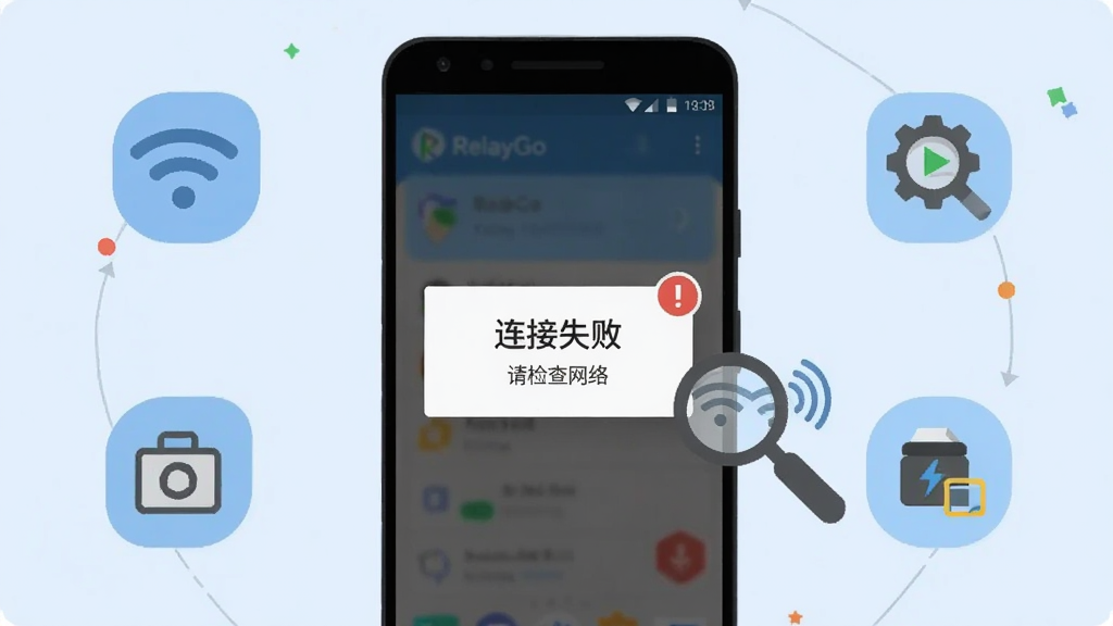 画面主体为一部安卓手机屏幕显示 RelayGo 连接失败提示弹窗,弹窗旁配有放大镜与齿轮图标,示意排查思路;布局为手机居中,周围环绕三个小图标分别代表网络、权限、存储;排版上弹窗文字为