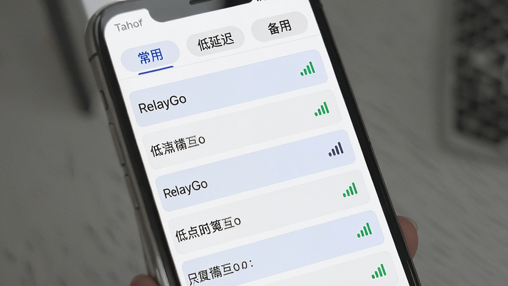 画面主体为手机屏幕内展示 RelayGo 的节点分组列表界面,列表分为