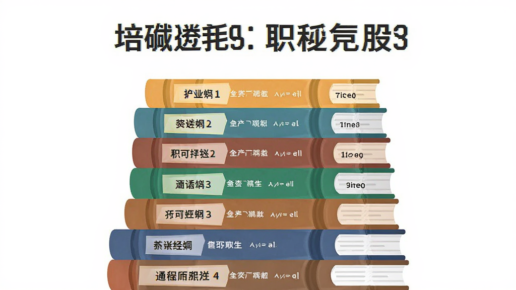 主体为一座分层堆叠的书山,每层书本代表不同职称级别,布局为纵向层叠构图,排版上方留出标题空间,风格为简约矢量插画,细节包括书本封面上标注的级别标签与题目数量标识,画质清晰干净无多余元素