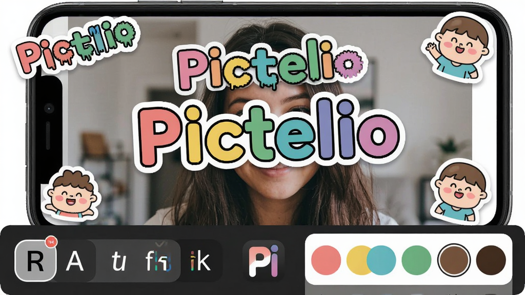 һ��չʾPictelio������ֽ���ܵĽ���ͼƬ���ֻ���Ļ��һ��������Ƭ�������˲�ɫ�����뿨ͨ��ֽ�����ִ������Ч������ֽ�ֲ��ڻ�����䣬�·���ʾ����ѡ������ɫ��壬�����г���Pictelio��ʶ�������ã����������ɾ����޶���Ԫ��