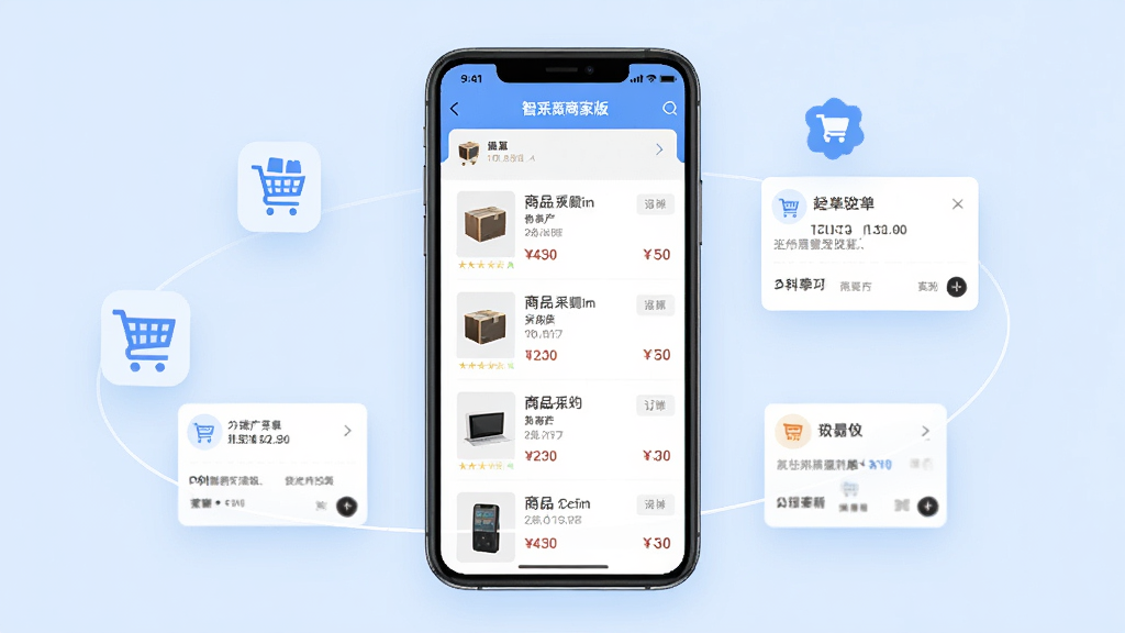 一张展示智采商城商家版手机应用界面的图片,画面中央是一部智能手机,屏幕显示商品采购列表和订单管理页面,背景为简洁的浅蓝色商务风格,布局上手机居中,周围环绕购物车图标和订单小卡片,风格清新现代,细节包括商品缩略图和价格标签,画质清晰,干净,无多余元素