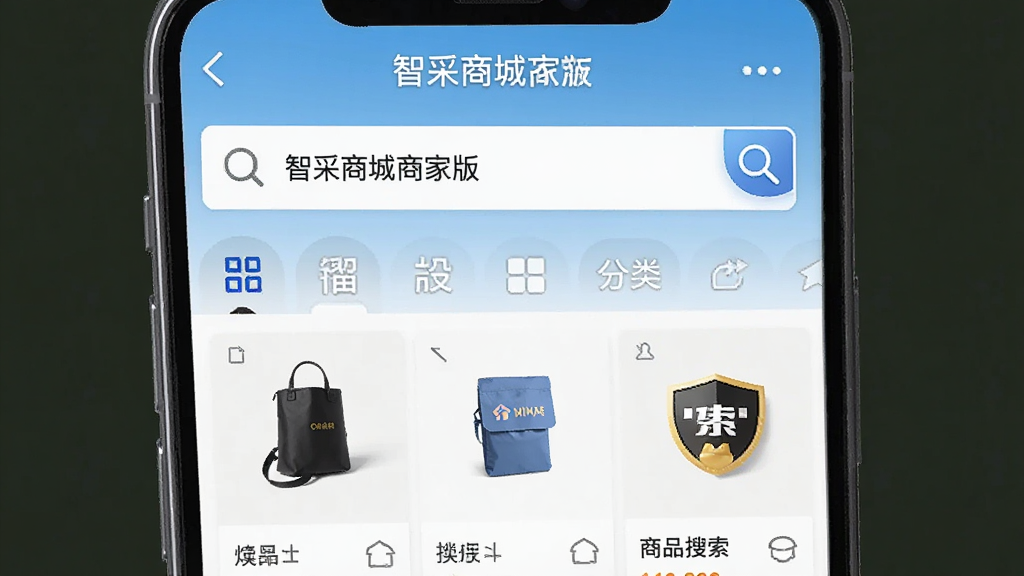 一张展示智采商城商家版商品搜索界面的图片,画面主体为手机屏幕显示搜索框和分类标签,布局上搜索框位于顶部,下方为商品网格列表,风格简洁明快,细节包含放大镜图标和分类图标,画质清晰,干净,无多余元素