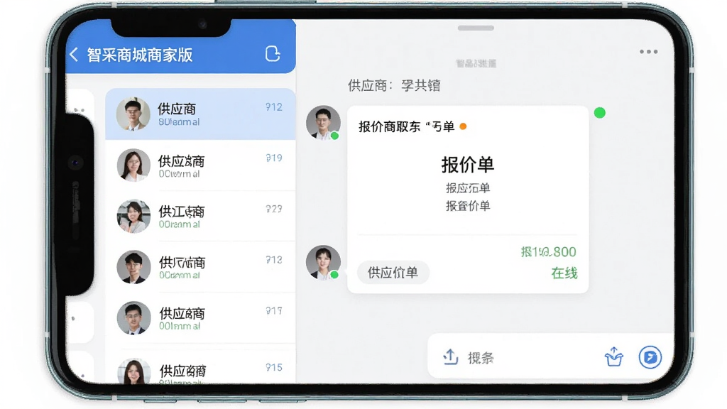 一张展示智采商城商家版供应商沟通界面的图片,画面主体为手机屏幕显示聊天窗口和供应商列表,布局上左侧为供应商头像列表,右侧为对话内容,风格商务简洁,细节包含报价单卡片和在线状态标识,画质清晰,干净,无多余元素
