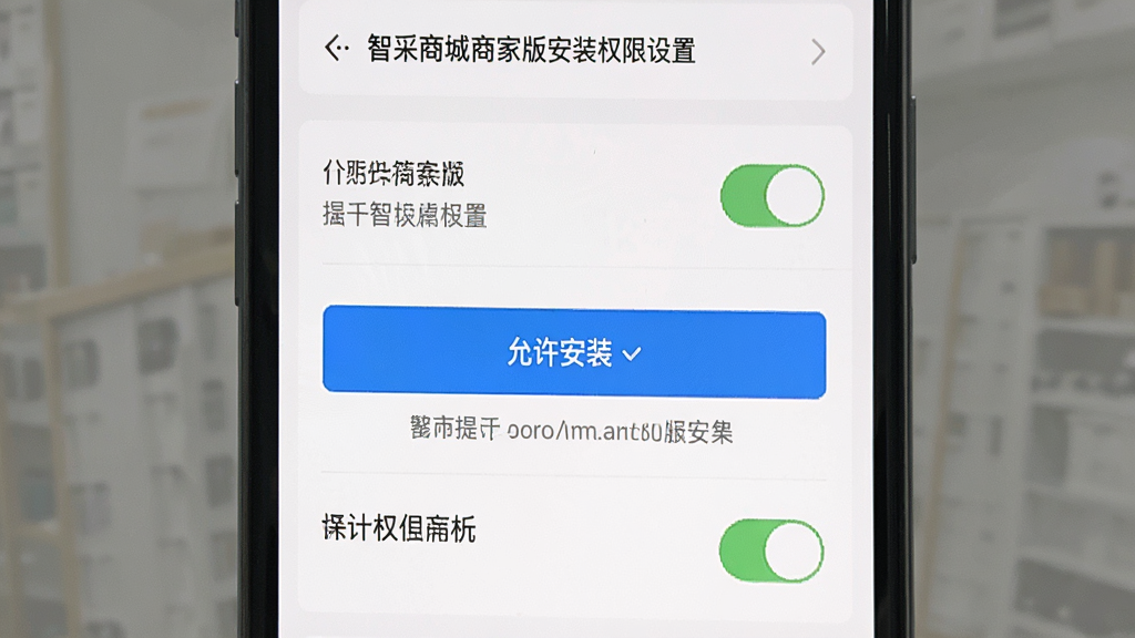 一张展示智采商城商家版安装权限设置界面的图片,画面主体为手机屏幕显示权限开关列表,布局上权限选项纵向排列,风格简洁清晰,细节包含“允许安装”高亮按钮和提示文字,画质清晰,干净,无多余元素