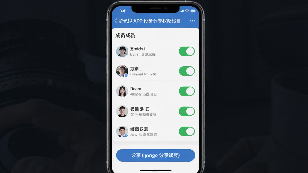 ����Ϊө���Ƽ��APP�豸����Ȩ�����ý��棬��ʾ��Ա�б���Ȩ�޿��أ�����Ϊ�ֻ���Ļ���С�Ȩ��ѡ���������У��Ű��������������Ϊ��������UIչʾ��ϸ�ڰ���ͷ��ͼ�ꡢ��ɫ����״̬���ء�Ȩ��˵�����֡��������Ӱ�ť�������������ɾ����޶���Ԫ��